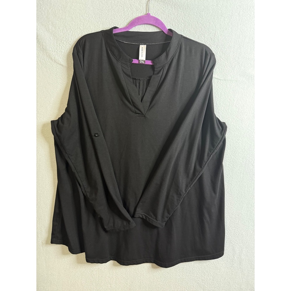 AMCLOS Tunic Top Women's XXL V-Neck Roll-Up Long Sleeve Casual Blouse